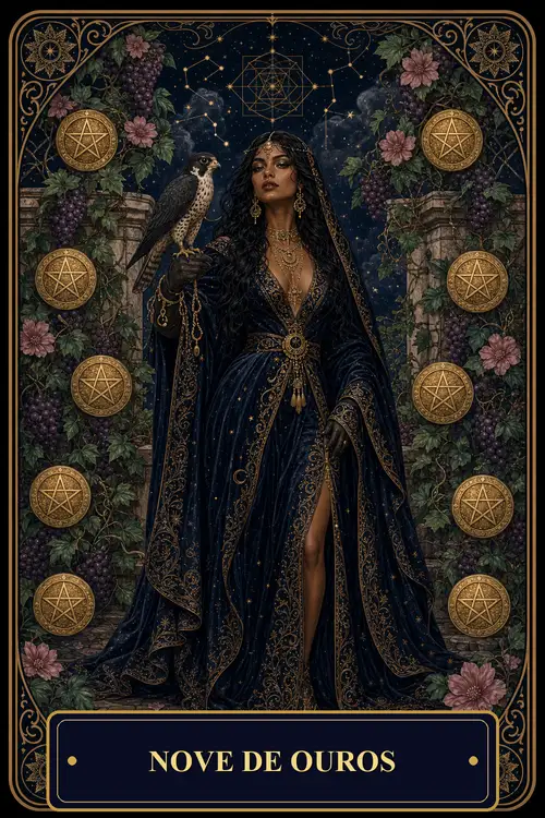Nine of Pentacles card from the Bruxa's Deck