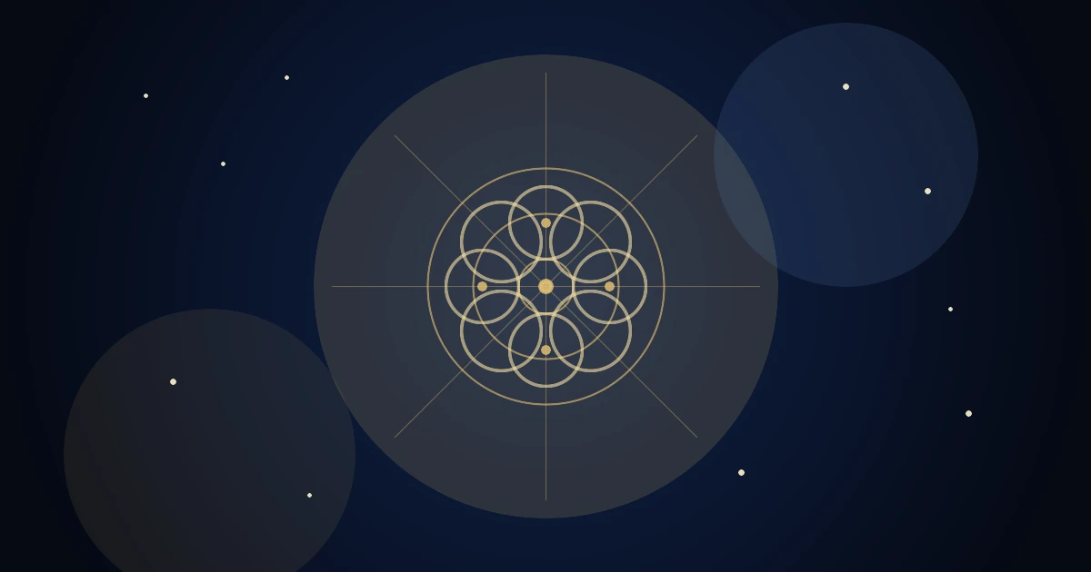 Golden energy wheels in a navy-blue sky with celestial glow, stars and sacred geometry, no text