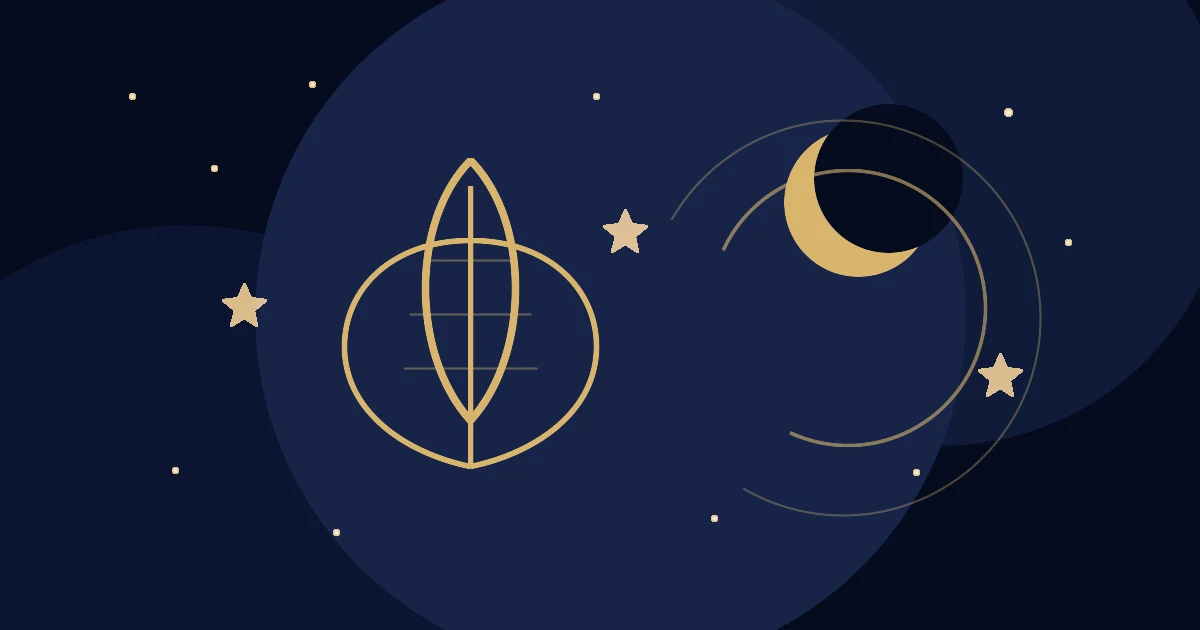 Abstract golden lyre under a deep blue sky with stars, moon and celestial mist, no text